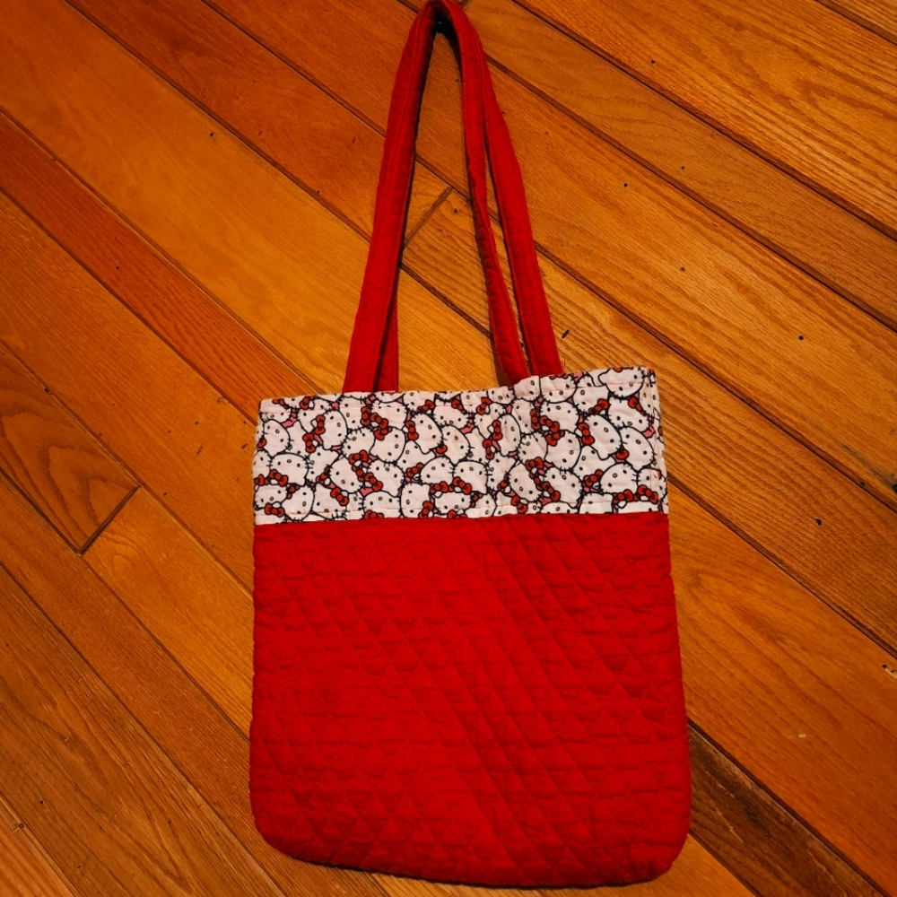 Handmade quilted red and white Hello Kitty long strap tote bag